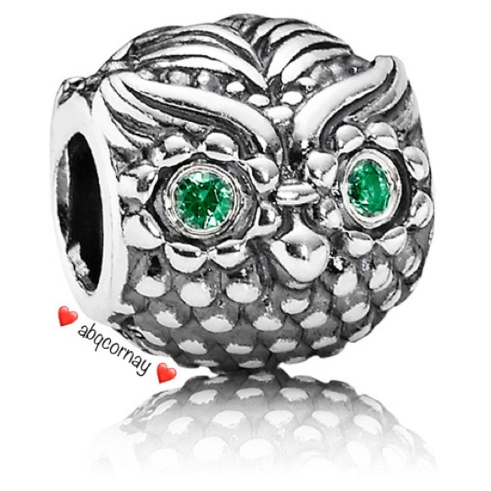 EUC Pandora 791211CZN Sterling Silver Wise Owl Animal Bead w/ Emerald Green CZ